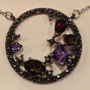 Sterling Silver Amethyst Garnet Marcasite Circular Pendant on Silver Chain NIB